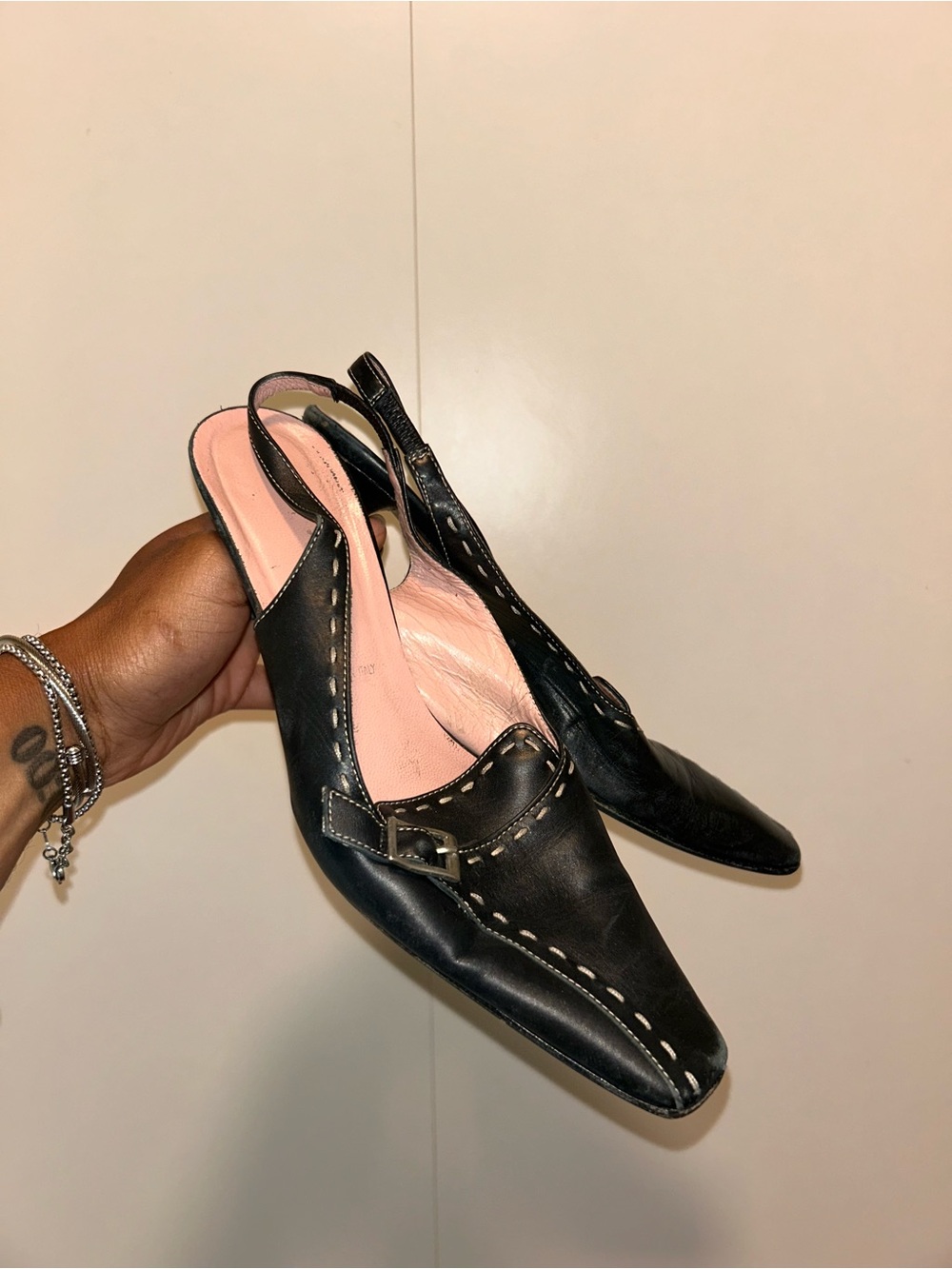 Black Slingback Leather Flats with Contrast Stitching